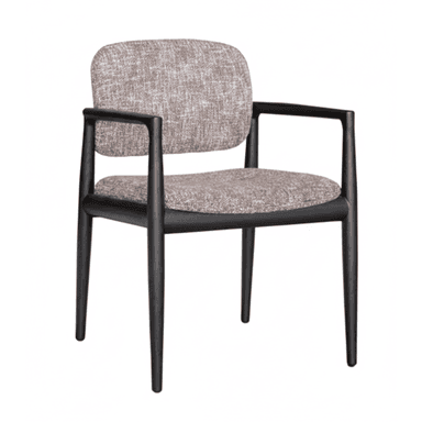 A modern armchair featuring a dark-stained wood frame and light beige/grey textured fabric upholstery on the seat and backrest. — 3D model (AI enhanced source)