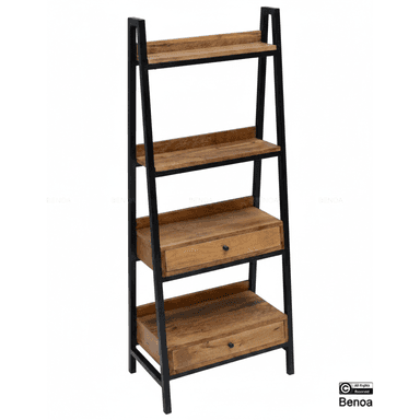 A tall, narrow, industrial-style shelving unit featuring a black metal A-frame structure and four tiers of wooden shelves, two of which incorporate storage drawers with dark knobs. — 3D model (AI enhanced source)