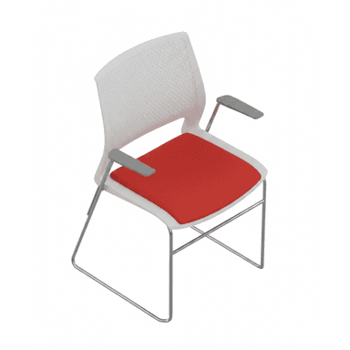 A modern armchair featuring a white perforated plastic backrest, a red upholstered seat, and a cantilever sled-style frame made of silver-colored metal. It includes fixed grey armrests. — 3D model (AI enhanced source)