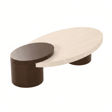 A modern coffee table featuring a distinctive two-tier oval design. The larger, lighter-toned oval top overlaps a smaller, darker-toned oval top which is supported by a cylindrical base of the same dark tone. The design creates a dynamic, layered appearance. — 3D model (AI enhanced source)