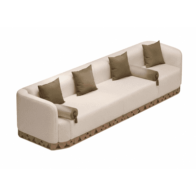 A contemporary three-seater sofa upholstered in light-colored bouclé fabric with rounded edges and a distinctive carved wooden base. It comes with four square and two bolster accent pillows in a contrasting olive green color. — 3D model (AI enhanced source)