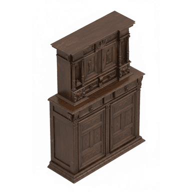 A tall, dark wooden cabinet with intricate carvings. The cabinet features a tiered design with multiple drawers and doors. The upper section has decorative columns and figural carvings, while the lower section has paneled doors with detailed relief work. The base and top edges are adorned with decorative molding. The overall impression is of ornate craftsmanship. — 3D model (AI enhanced source)