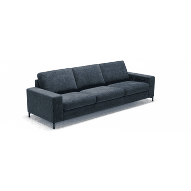 A three-seater sofa with a contemporary design. It features a rectilinear silhouette with straight arms and a low profile. The upholstery appears to be a textured fabric. The sofa is supported by slender, dark-colored legs. — 3D model (AI enhanced source)