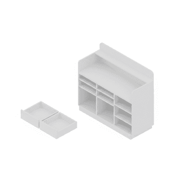 A minimalist white counter unit featuring multiple open shelving compartments and two separate, modular drawers, presented in a clean 3D isometric rendering. — 3D model (AI enhanced source)
