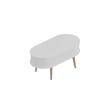 An oval-shaped modern coffee table featuring a white fluted body and natural wood splayed legs. — 3D model (AI enhanced source)