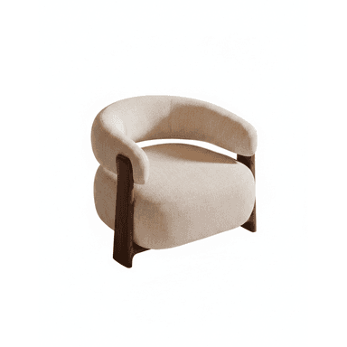 An upholstered armchair featuring a curved barrel-style backrest that seamlessly integrates into armrests, supported by a distinct exposed dark wood frame. The seat is thickly cushioned, and the entire piece is covered in a light beige, textured fabric. — 3D model (AI enhanced source)