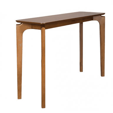 A long, narrow wooden console table featuring a Mid-Century Modern design. The rectangular tabletop has gently rounded edges and a darker wood stain. Four slender, tapered legs in a lighter wood tone provide support, connecting to the underside of the table with distinctive curved supports that enhance its minimalist aesthetic. — 3D model (AI enhanced source)
