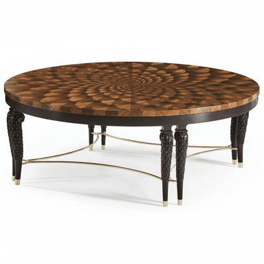 A sophisticated round coffee table featuring an intricately patterned marquetry top made from various wood veneers, creating a radial, spiraling design. The table is supported by four dark, elaborately carved and tapered legs with brass ferrules, connected by a delicate brass stretcher base. The overall aesthetic is one of luxury and fine craftsmanship. — 3D model (AI enhanced source)
