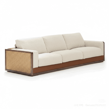 A contemporary three-seater sofa featuring a dark wood frame, light-colored textured fabric upholstery, cane webbing panels on the armrests, and a tan leather trim along the base. — 3D model (AI enhanced source)