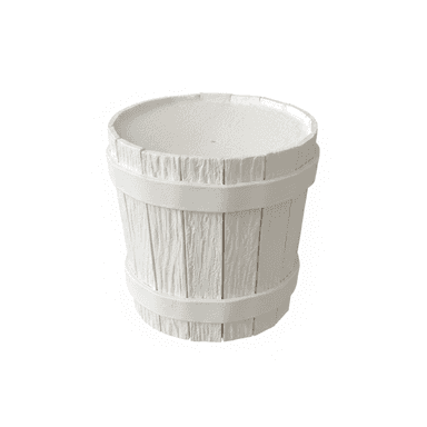 A white, cylindrical planter designed to resemble a wooden barrel. The exterior is constructed from vertical wooden staves, textured to mimic wood grain, and secured by two horizontal bands. The top rim is flat and slightly textured. It appears to be a decorative item for holding plants. — 3D model (AI enhanced source)