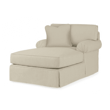 An upholstered chaise lounge featuring a single rolled arm, a skirted base, and a loose seat cushion, presented in a light, neutral fabric. It includes one matching throw pillow. — 3D model (AI enhanced source)