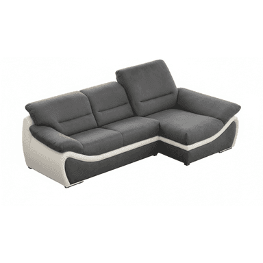A modern sectional sofa with a chaise lounge component. The sofa features multiple seat cushions and backrests, with an adjustable headrest on one side. The design incorporates a two-tone color scheme, with dark gray upholstery for the seating areas and backrests, and a lighter cream or off-white material for the lower frame and armrest accents. The sofa is raised on small, low-profile feet. — 3D model (AI enhanced source)