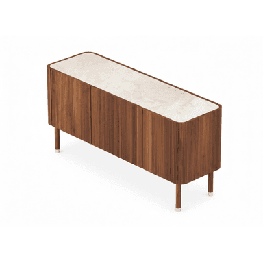 A contemporary sideboard with a rectangular marble top and a fluted wooden body. It features two doors and is supported by four tapered wooden legs with metallic caps. — 3D model (AI enhanced source)