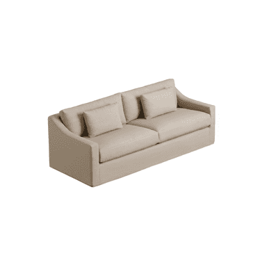 A contemporary three-seat sofa, upholstered in a light beige fabric, featuring a clean, tailored design. The sofa has a low-profile silhouette with slightly curved track arms and a continuous skirted base that conceals the legs. It is furnished with two large seat cushions and two loose back cushions, along with two rectangular accent pillows. The overall aesthetic is minimalist and inviting. — 3D model (AI enhanced source)