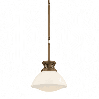 A traditional style mini pendant light featuring an antique brass finish and a white opal glass shade. The fixture is suspended by a rigid rod and a short chain, with a decorative perforated brass band above the shade. — 3D model (AI enhanced source)