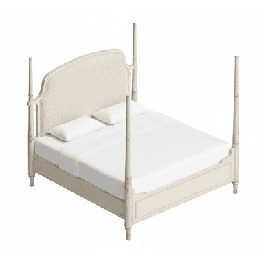 A cream-colored four-poster bed featuring an upholstered headboard and a distressed finish. The bed frame includes four tall, turned posts and a low footboard with a gently scrolled design. The headboard is rectangular with a subtly curved top, upholstered in a light, textured fabric. The overall aesthetic suggests a blend of traditional and shabby chic styles. — 3D model (AI enhanced source)