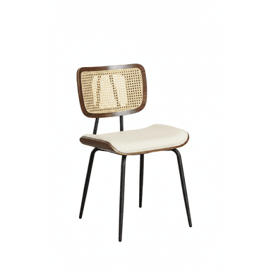 A contemporary dining chair featuring a curved dark wood frame with a woven cane backrest, an upholstered off-white seat, and slender black metal legs. — 3D model (AI enhanced source)