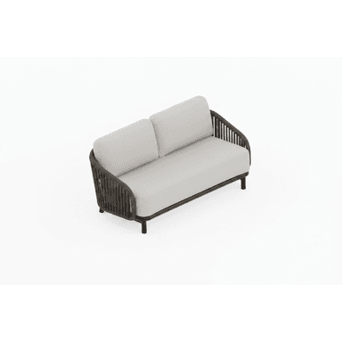 A modern two-seater sofa featuring a robust dark-colored woven frame that forms the backrest and armrests, paired with thick, light grey fabric cushions for the seat and back. The sofa rests on a minimalist black metal frame with slender legs. — 3D model (AI enhanced source)