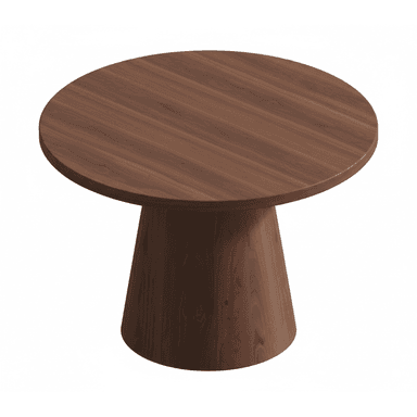 A modern round table featuring a thick tabletop and a tapering, conical pedestal base, both constructed from dark wood with a visible grain pattern. The design is minimalist and robust, emphasizing the natural beauty of the wood. — 3D model (AI enhanced source)