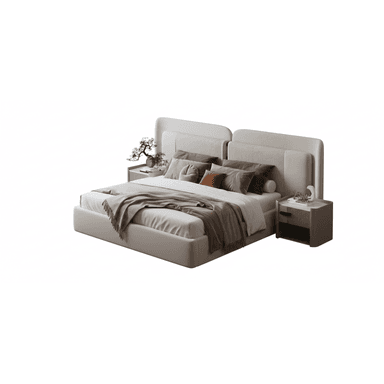 A contemporary upholstered platform bed featuring a distinctive integrated multi-panel headboard, flanked by two matching nightstands. The bed and headboard are upholstered in a light, neutral fabric. — 3D model (AI enhanced source)