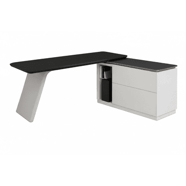 A modern L-shaped executive desk featuring a black desktop and a white integrated storage credenza, supported by a single angular white leg. — 3D model (AI enhanced source)