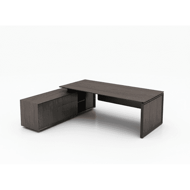 An L-shaped executive desk featuring a dark wood grain finish and a minimalist design. The main desk surface is supported by a dark metal frame on one side, and an integrated storage unit on the other, forming the L-configuration. The storage unit includes both closed cabinet doors and open shelving compartments, providing functional workspace and storage solutions. The overall aesthetic is sleek and contemporary, suitable for a professional office environment. — 3D model (AI enhanced source)