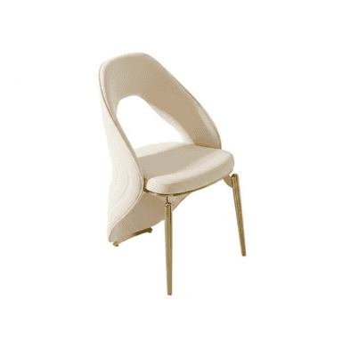 A contemporary armless chair featuring an upholstered, sculptural backrest with a distinctive cut-out design, supported by slender, tapered golden metal legs. — 3D model (AI enhanced source)