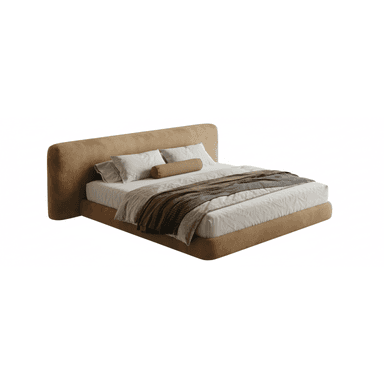 A modern platform bed featuring a fully upholstered frame and an integrated, slightly curved headboard. The bed has a low profile, giving it a minimalist and contemporary appearance, and is covered in a camel-colored, textured fabric. It is styled with white and neutral-toned bedding, including pillows and throws. — 3D model (AI enhanced source)