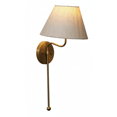 A wall-mounted lamp with a conical fabric shade and a brass-finished metal arm and base. A pull chain with a decorative ball finial extends downwards from the base. — 3D model (AI enhanced source)
