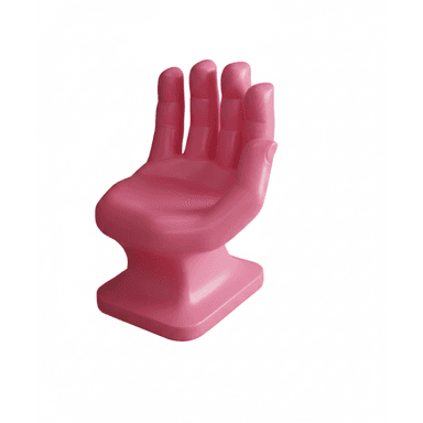 A vibrant pink novelty chair designed in the shape of an upright human hand. The fingers form the backrest, curving slightly to provide support, while the palm serves as the seat. The chair is crafted from a smooth, molded material, likely plastic, with a solid, sculptural base for stability. — 3D model (AI enhanced source)