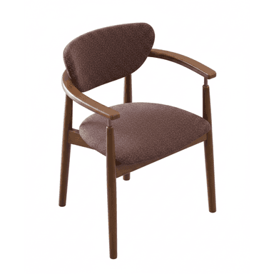 A contemporary dining armchair featuring a dark brown wooden frame, integrated armrests, and speckled brown fabric upholstery on the seat and curved backrest. — 3D model (AI enhanced source)