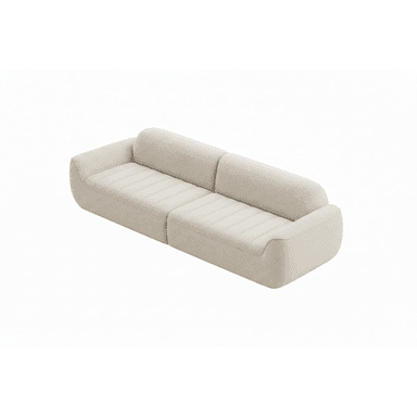 A modern two-seater sofa upholstered in a light beige, textured fabric, featuring a low-profile design. The seat and back cushions have distinct vertical ribbed detailing, providing a subtle texture contrast. The sofa has soft, rounded edges throughout its form, including the integrated armrests and backrest, contributing to a streamlined and inviting appearance. It appears to be composed of two modular sections, suggesting flexibility in configuration. — 3D model (AI enhanced source)