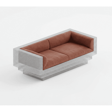 A contemporary two-seater sofa featuring a distinctive perforated metal frame and warm brown leather cushions. The frame has a geometric, stepped base design, encasing the plush, upholstered components. — 3D model (AI enhanced source)