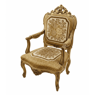 A highly ornate, antique-style armchair featuring a gilded wooden frame with elaborate carvings and upholstered seat, back, and armrests. The upholstery has a floral tapestry pattern on the central panels and a damask-like pattern on the surrounding areas. — 3D model (AI enhanced source)