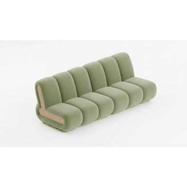 A contemporary modular sofa featuring multiple rounded, pill-shaped segments upholstered in sage green fabric, with a distinct light wood accent on one end. — 3D model (AI enhanced source)