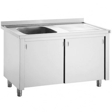A stainless steel commercial sink cabinet featuring a single deep basin and an integrated ribbed drainboard, mounted atop a two-door storage cabinet, supported by four adjustable cylindrical legs. It includes a low backsplash at the rear. — 3D model (AI enhanced source)