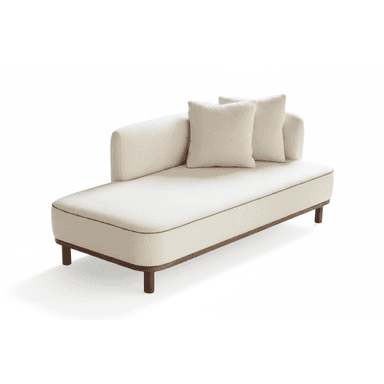 A contemporary chaise lounge featuring light cream bouclé-like upholstery with dark piping, supported by a minimalist dark wood frame and cylindrical legs. It has an asymmetrical design with a single raised backrest/armrest on one side and includes two matching throw pillows. — 3D model (AI enhanced source)