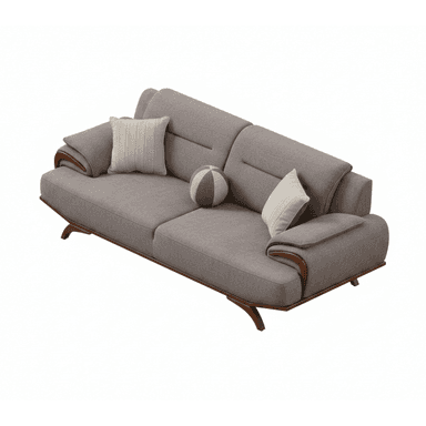 A modern two-seater sofa upholstered in grey fabric, featuring integrated armrests with dark wood accents that extend to the base. It includes two seat cushions, two back cushions, and two decorative throw pillows. — 3D model (AI enhanced source)