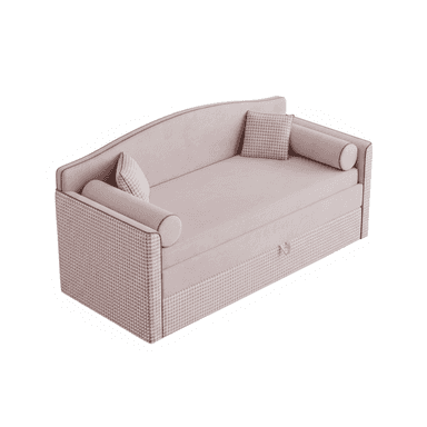 A pink upholstered daybed featuring a gently curved backrest and armrests, adorned with a houndstooth pattern on its side panels and lower front. It includes bolster pillows and square accent pillows, and has a pull-out mechanism underneath for storage or a trundle bed. — 3D model (AI enhanced source)
