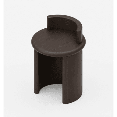 A dark-stained wooden stool featuring a round seat and a low, curved backrest, supported by a monolithic cylindrical base. — 3D model (AI enhanced source)