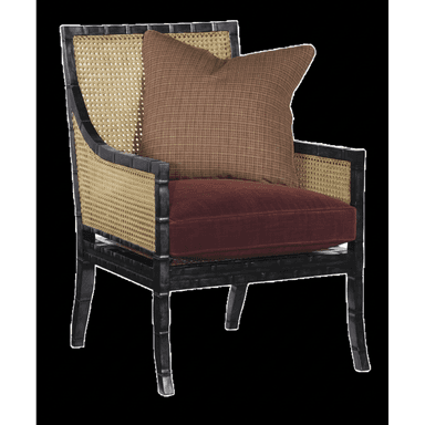 An armchair featuring a black, faux bamboo-style wooden frame. The backrest and side panels incorporate natural cane webbing. It is fitted with a deep maroon fabric seat cushion and a patterned brown fabric back cushion, both appearing removable. The chair has open armrests and straight legs, maintaining a transitional aesthetic with Chinoiserie influences. — 3D model (AI enhanced source)
