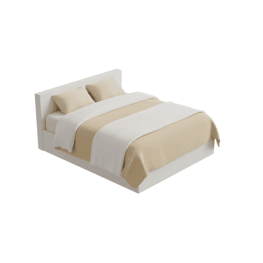 A modern bed frame with a simple, minimalist design. It features a rectangular headboard and a low-profile base. The bed is dressed with a fitted sheet, a blanket in a tan color, a white throw blanket, and two beige pillows. — 3D model (AI enhanced source)