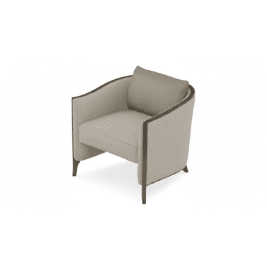 A contemporary upholstered armchair with a distinct curved barrel-back design and exposed dark wood trim. — 3D model (AI enhanced source)