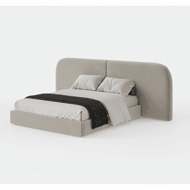 A contemporary upholstered platform bed featuring a low-profile base and a large, rounded headboard, all clad in a light beige textured fabric. The headboard extends significantly beyond the mattress width. — 3D model (AI enhanced source)