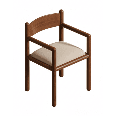 A wooden armchair with a curved backrest and upholstered seat. The chair features four cylindrical legs, rounded armrests, and a frame constructed from dark wood, possibly walnut or teak. The seat cushion is covered in a light-colored, textured fabric. — 3D model (AI enhanced source)