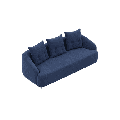 A modern three-seater sofa upholstered in a textured dark blue fabric. It features softly rounded armrests, a single long seat cushion, and three individual back cushions with button tufting. The sofa is supported by four small, light-colored wooden legs, visible at the corners. — 3D model (AI enhanced source)