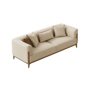 A modern three-seater sofa featuring a light beige fabric upholstery and a distinctive exposed wood frame. The sofa has rounded armrests, two large seat cushions, and three loose back cushions, along with two accent pillows, one of which is brown. — 3D model (AI enhanced source)