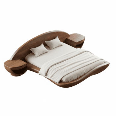 A bed with a distinctive curved wooden headboard and frame, featuring integrated, floating side tables. The design is contemporary and organic. — 3D model (AI enhanced source)