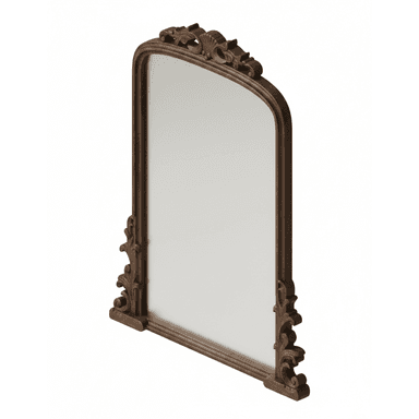 A freestanding cheval mirror featuring an arched top and an elaborately carved dark brown wooden frame. The frame exhibits intricate scrollwork and decorative motifs along its top curve and base, suggesting a traditional or baroque-inspired design. The mirror glass is clear, offering a full-length reflection. — 3D model (AI enhanced source)