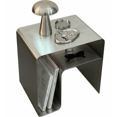 A modern, metallic end table with a minimalist, curved design. It features a continuous surface that forms the top and sides, with an open compartment beneath for storage. The table has a secondary lower shelf that is partially visible and appears to have a cutout design. It is suitable for placement next to a sofa or bed. — 3D model (AI enhanced source)
